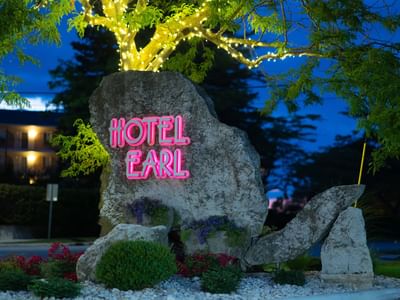 Hotel Earl neon beaver shaped stone sign