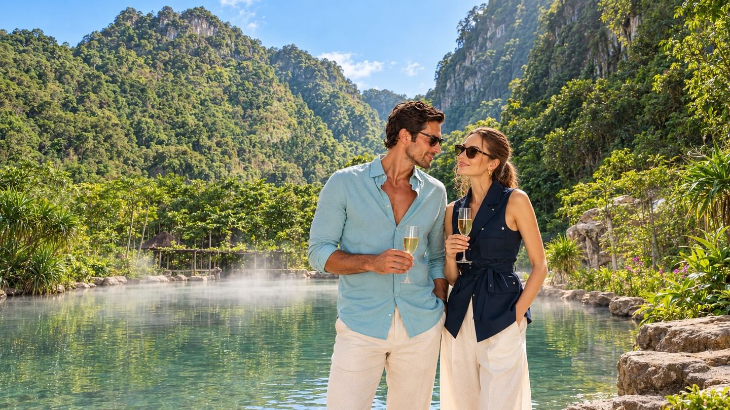 Couple holding champagne glasses by a misty hot spring pool surrounded by ancient limestone hills and greenery at The Banjaran Hotsprings Retreat