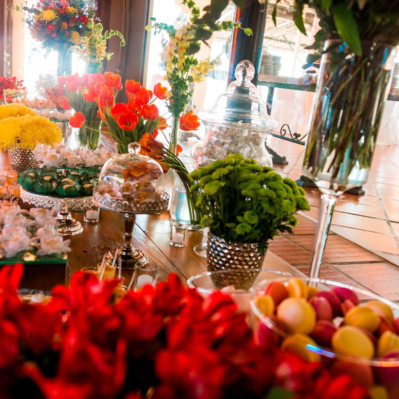 Flower decorated food table at Las Cumbres Boutique Hotel & Spa