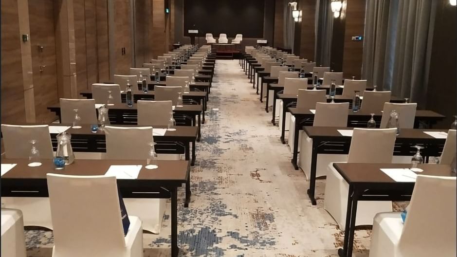 Classroom-typed conference room arranged with tables and chairs at Sunway Hotel Big Box