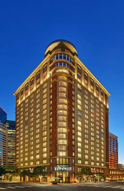 Low angle view of Hotel Republic San Diego lit at night