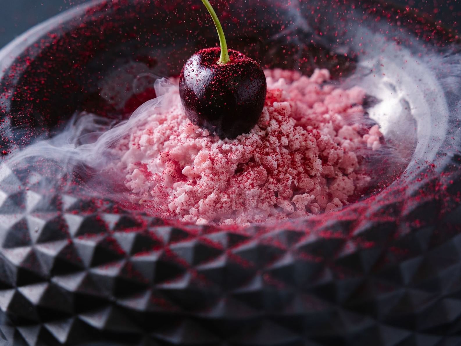 Close-up of a cherry inspired dessert served in Herons at The Umstead Hotel and Spa