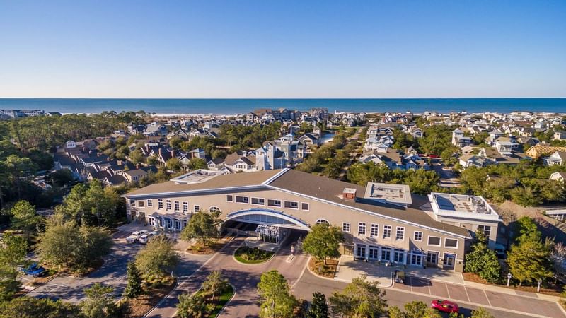 Aerial view of the hotel and parking area of Watersound Inn