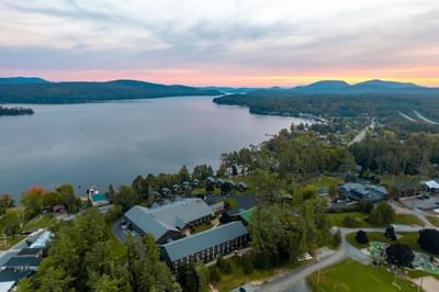 Arial view of The Lodge at Schroon Lake with lake