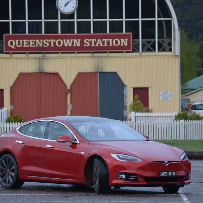 Tesla Electric car at Queenstown Station near Strahan Village