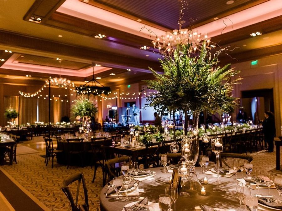 Wedding reception with interior and decor in the Ballroom at Umstead Hotel and Spa
