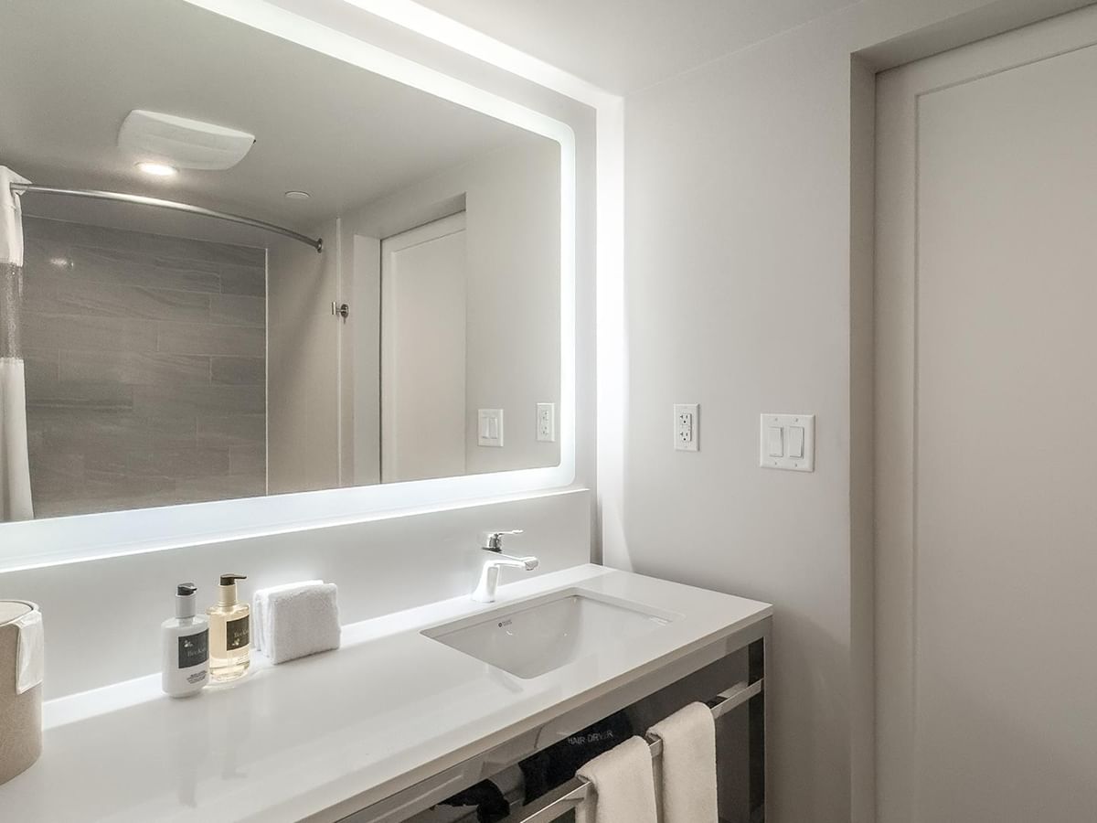 Bathroom with large mirror and sink.