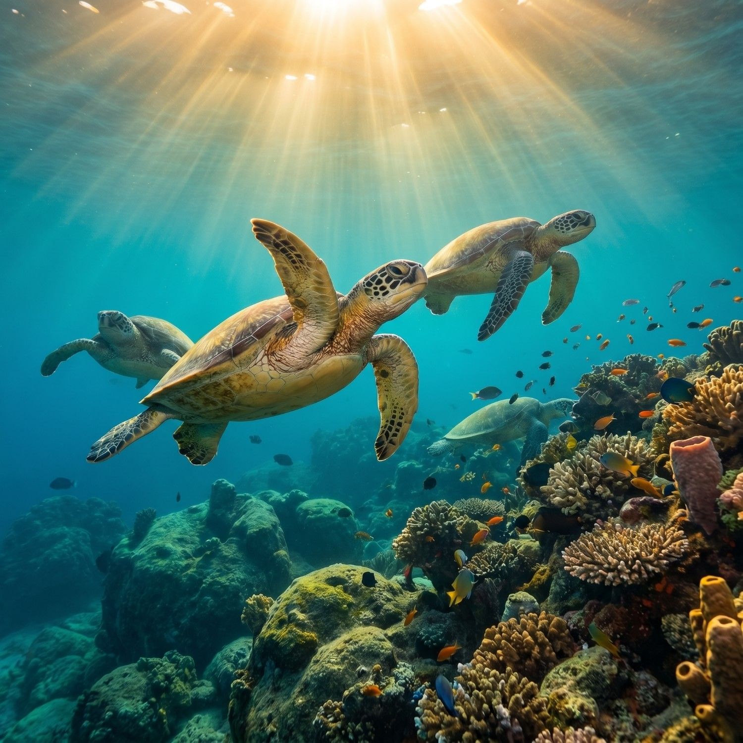 Adult sea turtles swimming freely in the Pacific Ocean near Puerto Vallarta as part of a healthy marine ecosystem.