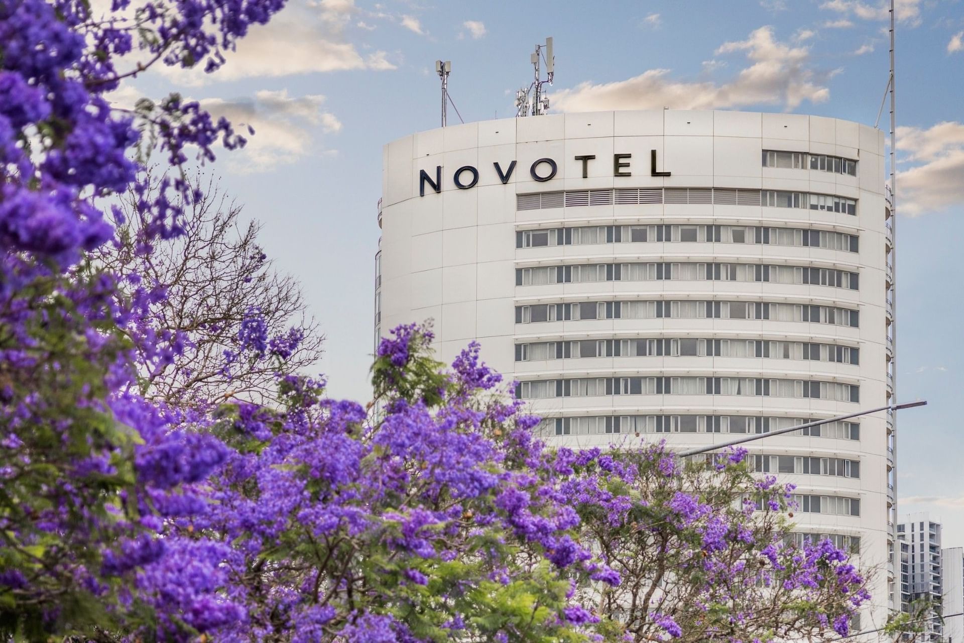 Exterior view of Novotel Sydney Olympic Park with purple jacaranda trees in foreground