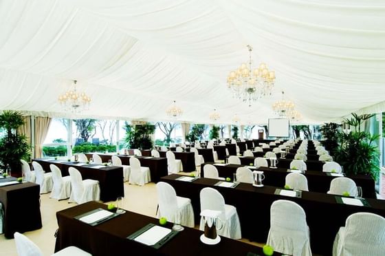 Classroom-type set-up in Garden Marquee at Grand Coloane Resort