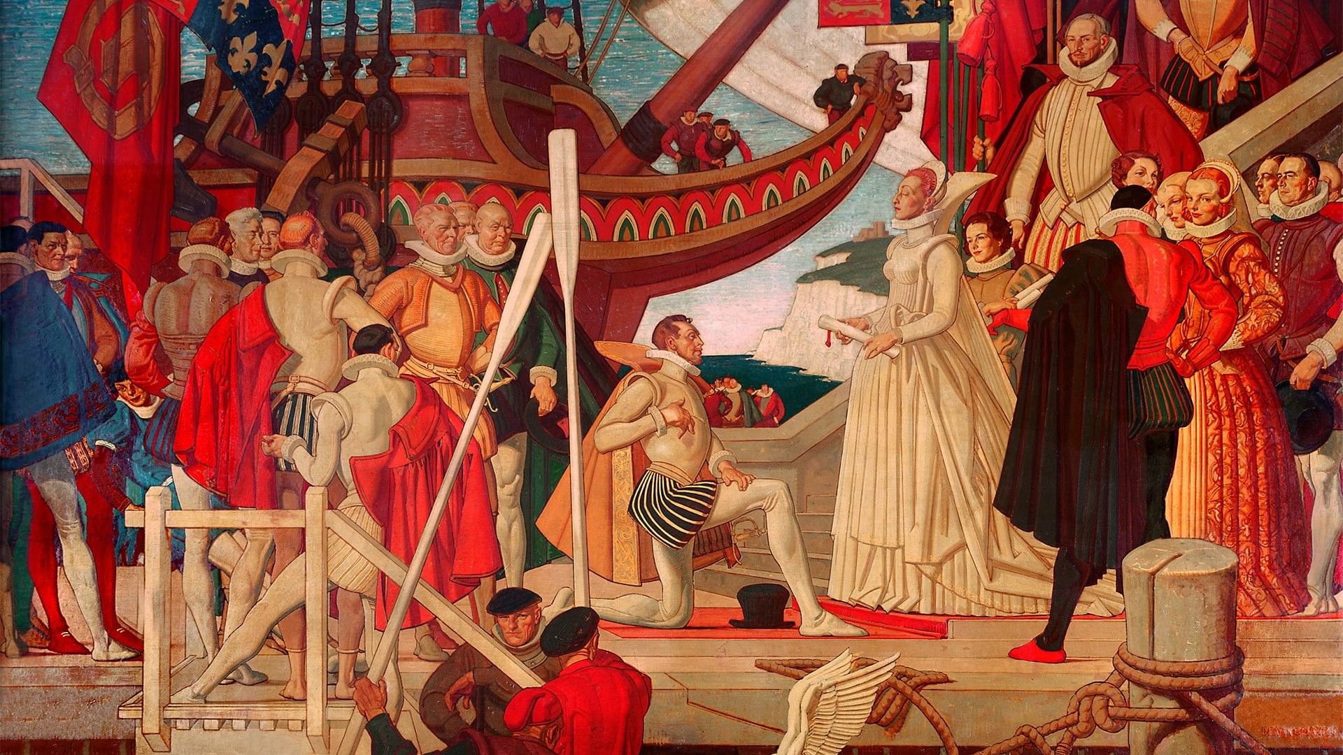 Detailed historical painting of a royal nautical scene with figures in period clothing in Murals on 54 at Warwick New York