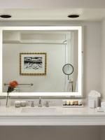 Large lighted mirror with toiletries under a recessed light in Classic Double Accessible at Warwick Melrose Dallas