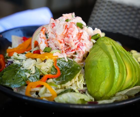 Plate of salad with crab, avocado, peppers, and greens at Wild Sea Las Olas
