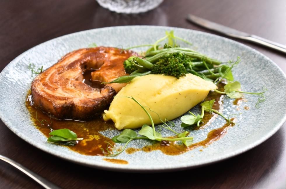 pork, mash and greens meal at gorse hill in woking