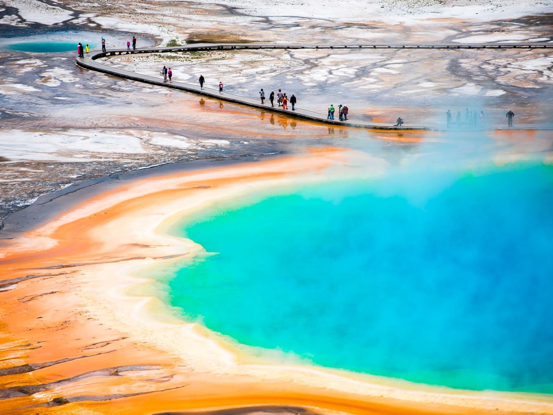 Aerial view of tourists in Yellowstone near Hotel Jackson