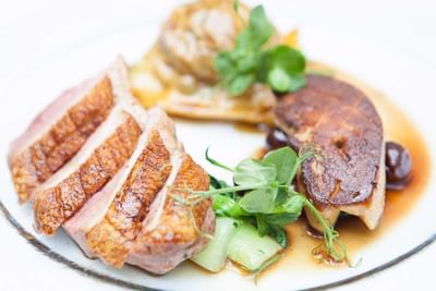Close-up of a steak dish in a menu at Orsett Hall Hotel