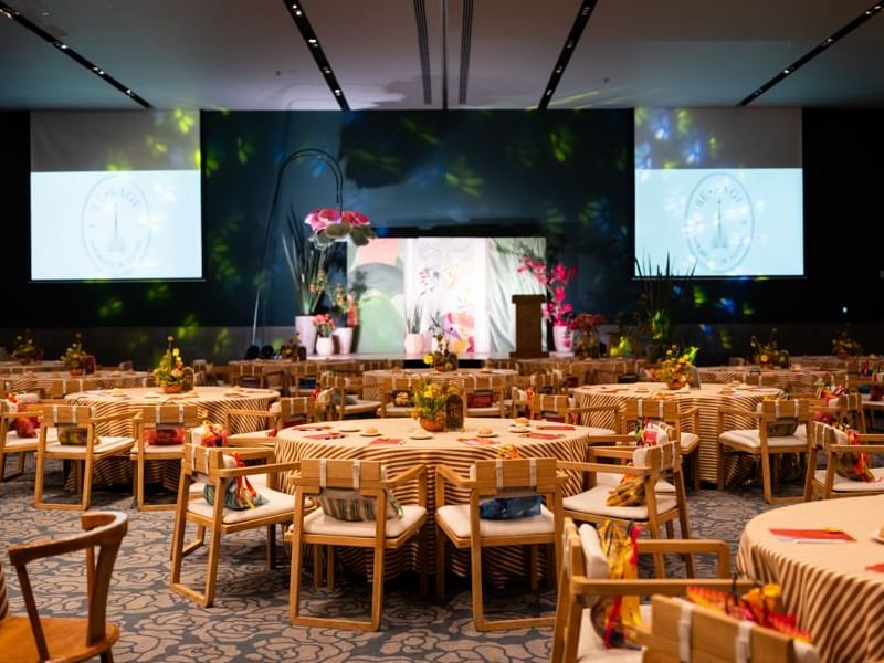 Allende room with table set for event and project screen at Live Aqua Resorts