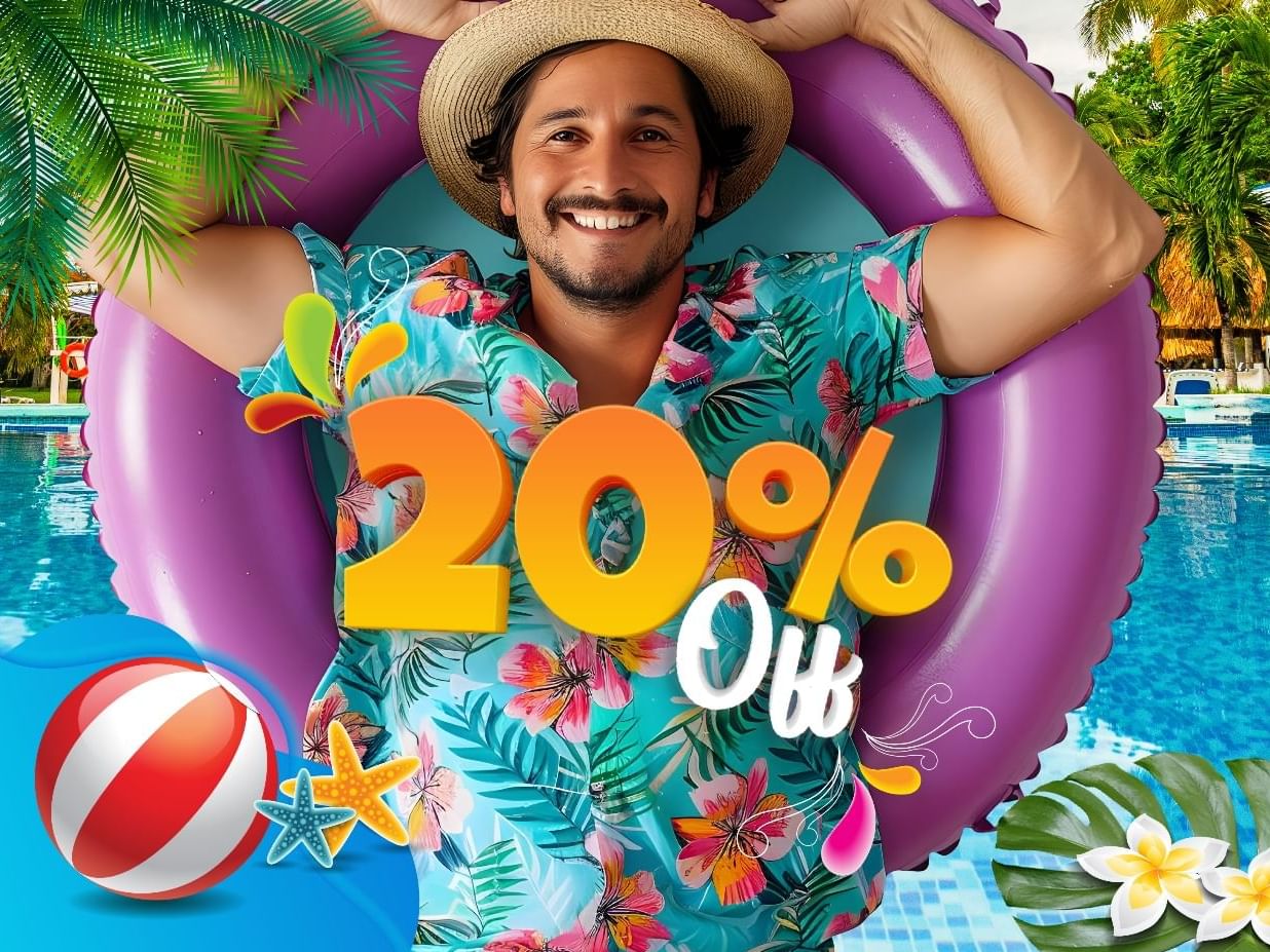 Smiling man in straw hat and tropical shirt relaxing on purple inflatable float in pool with 20% off text overlay