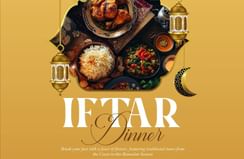 Invitation poster for Iftar Dinner at Dar es Salaam Serena Hotel with traditional dishes and decor.