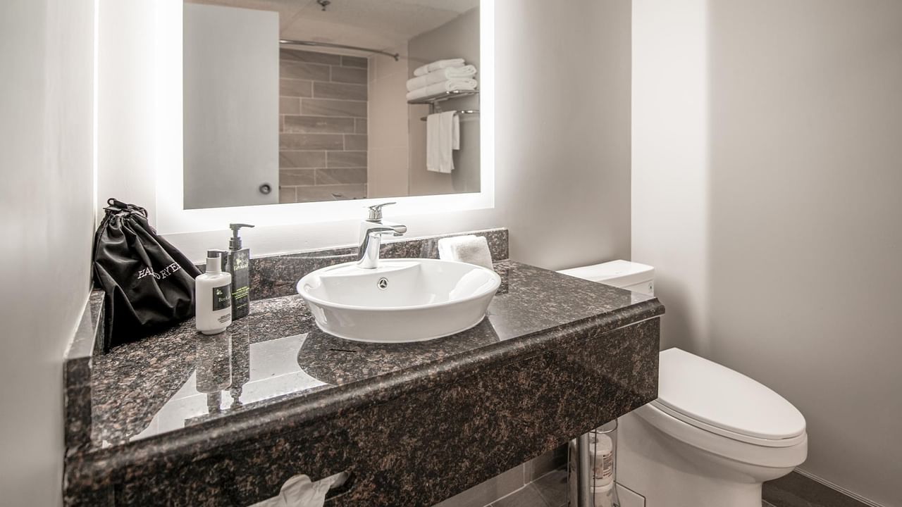 Hotel bathroom with sink, mirror, and toilet.