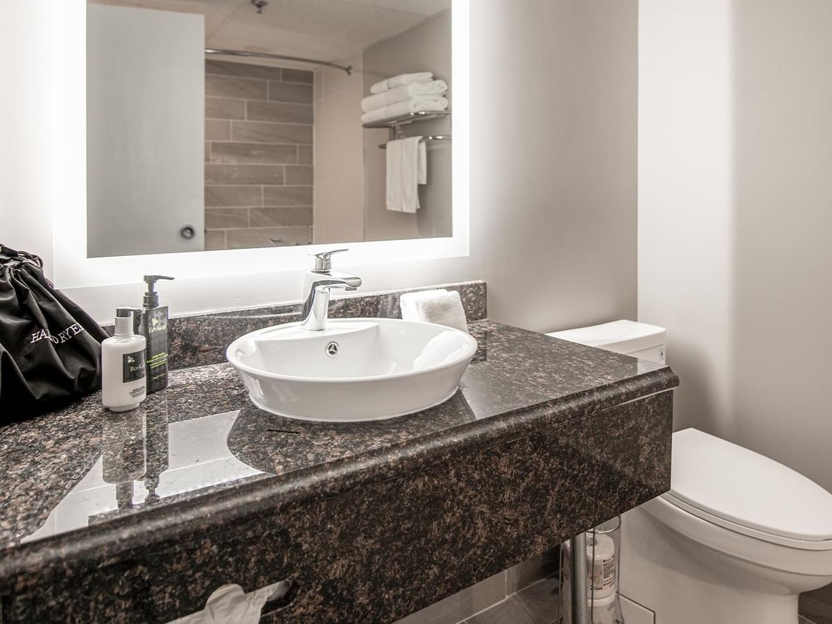 Modern bathroom with large sink and toilet.