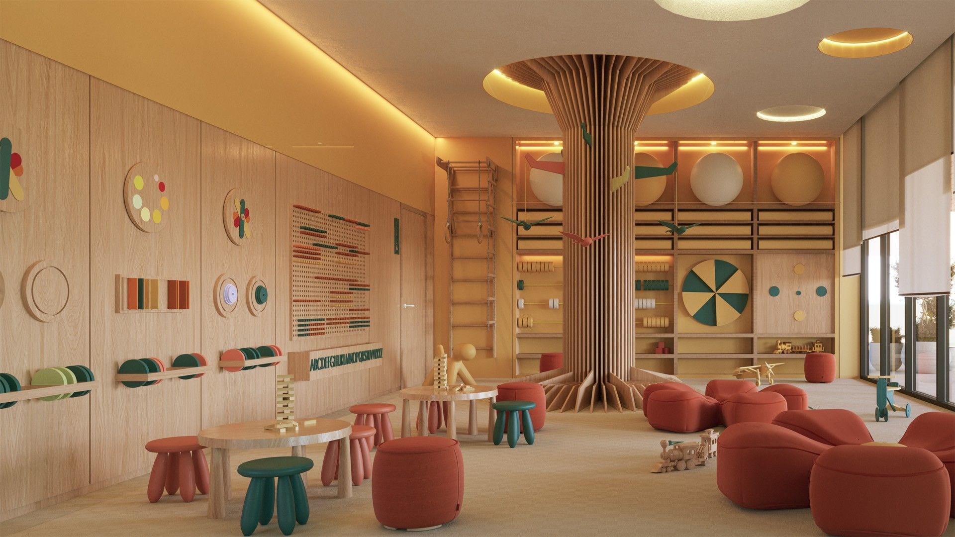 Club infantil creativo en Fiesta Americana Funeeq Punta Cana con decoración de árbol de madera y áreas de juego