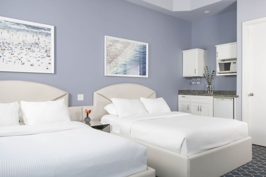 Two beds & kitchenette in Double Queen Blue Bayou at Retro Suites Hotel