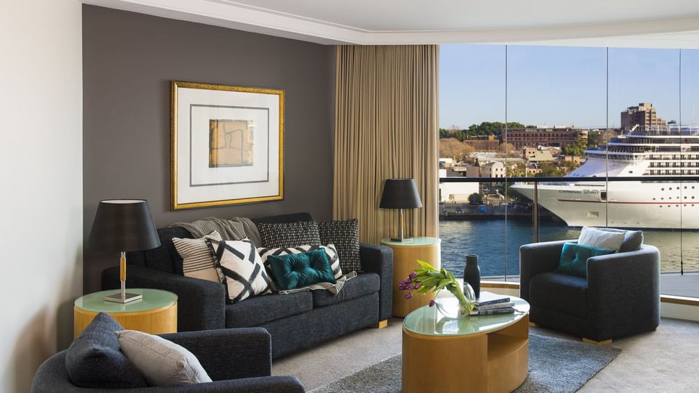 Living area of Harbour View Room at Pullman Quay Grand Sydney