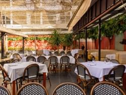 Orange Blossom with white tablecloths, woven wicker chairs, and a shade cover at The Plymouth Hotel South Beach