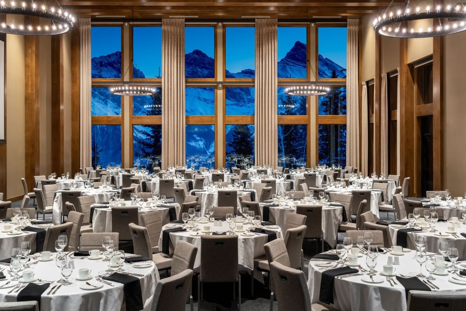 Banquet setup in a ballroom at The Malcolm Hotel
