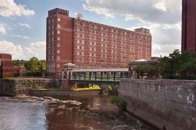 Exterior view of the stream located near UMass Lowell Inn
