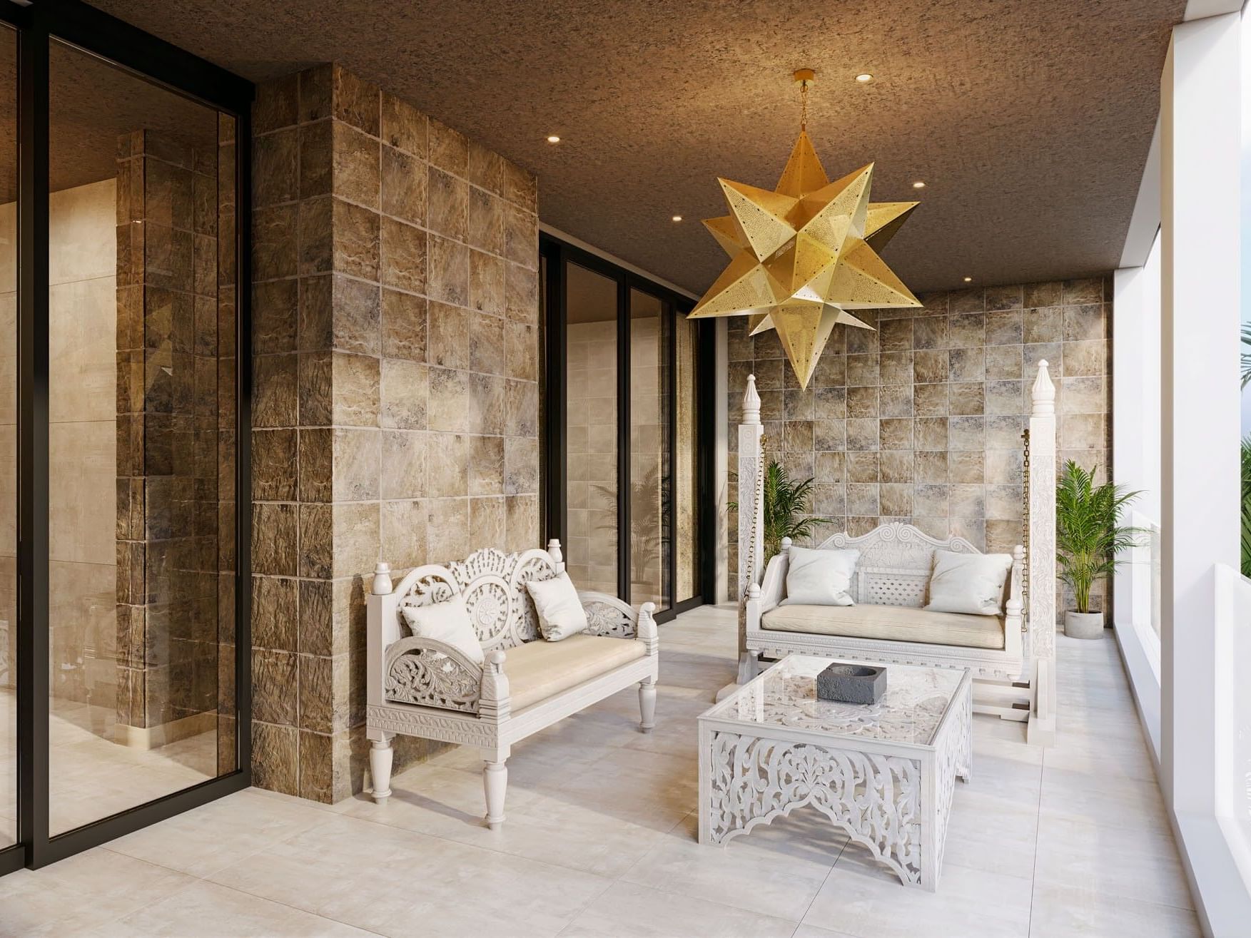 Outdoor lounge area with white furniture, star-shaped light fixture, and stone walls with a balcony view.