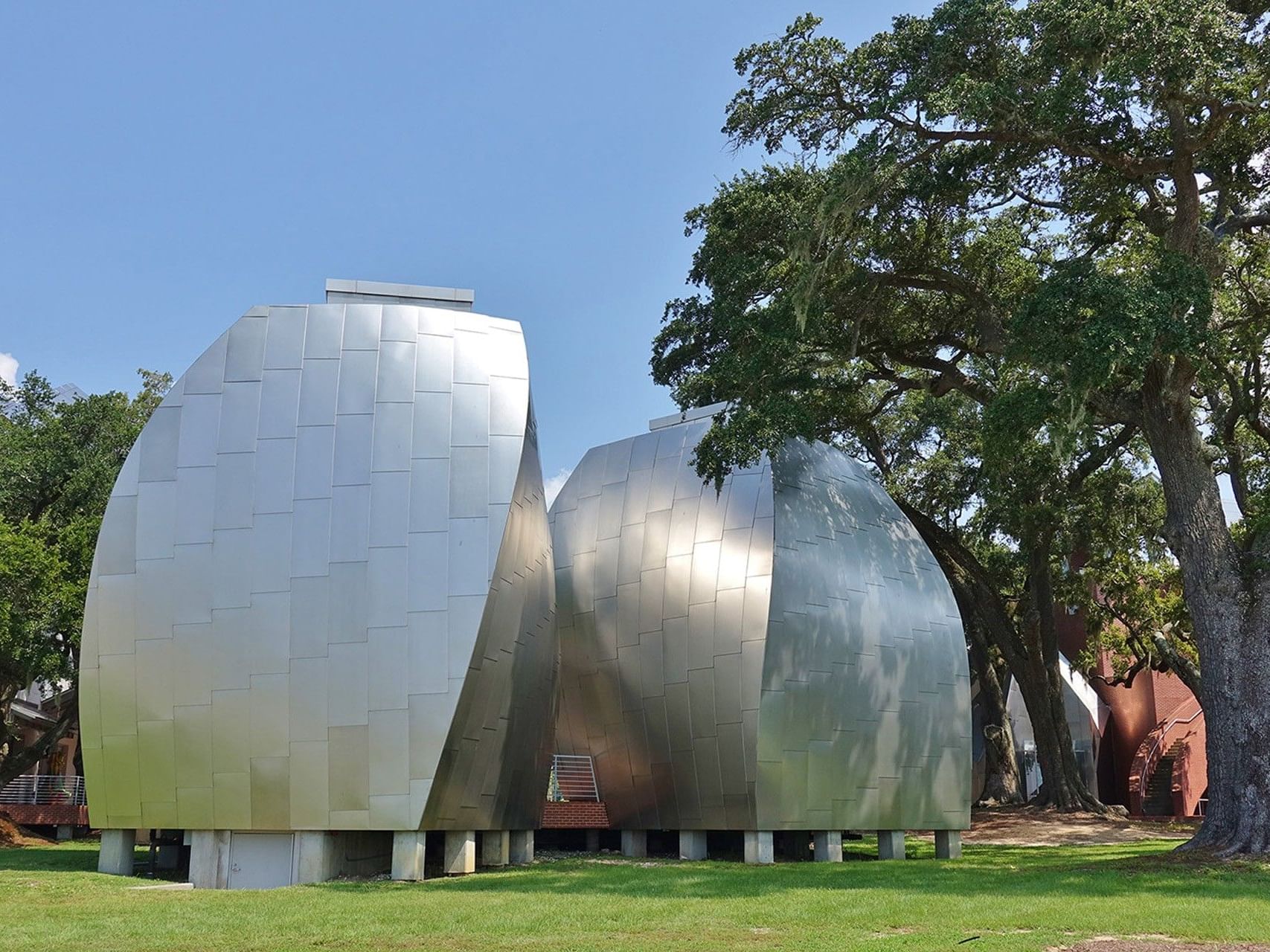Unique silver pod-like architectural structures in Ohr-O'Keefe Museum near Margaritaville Resort Biloxi