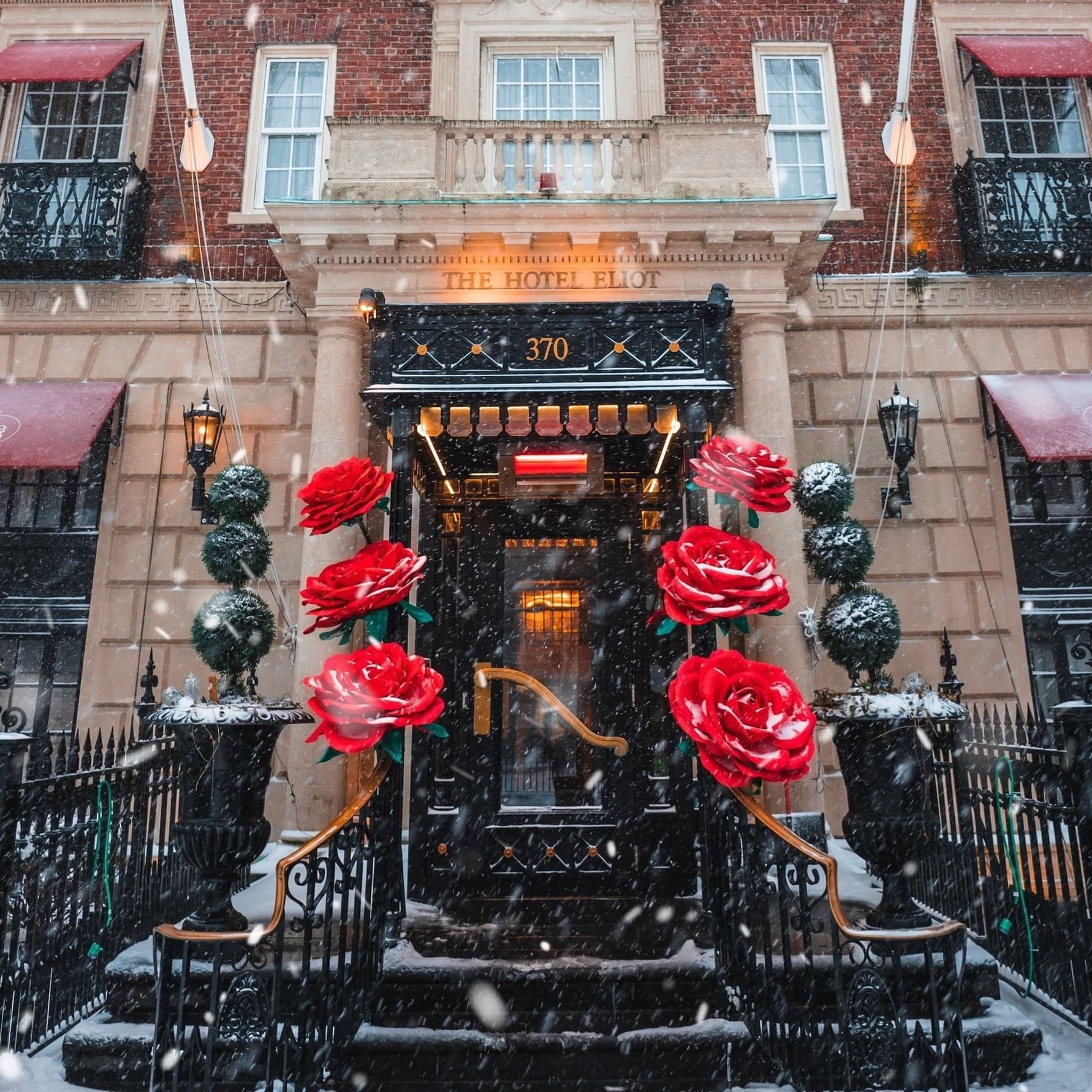 Red roses framing the entrance of The Eliot Hotel