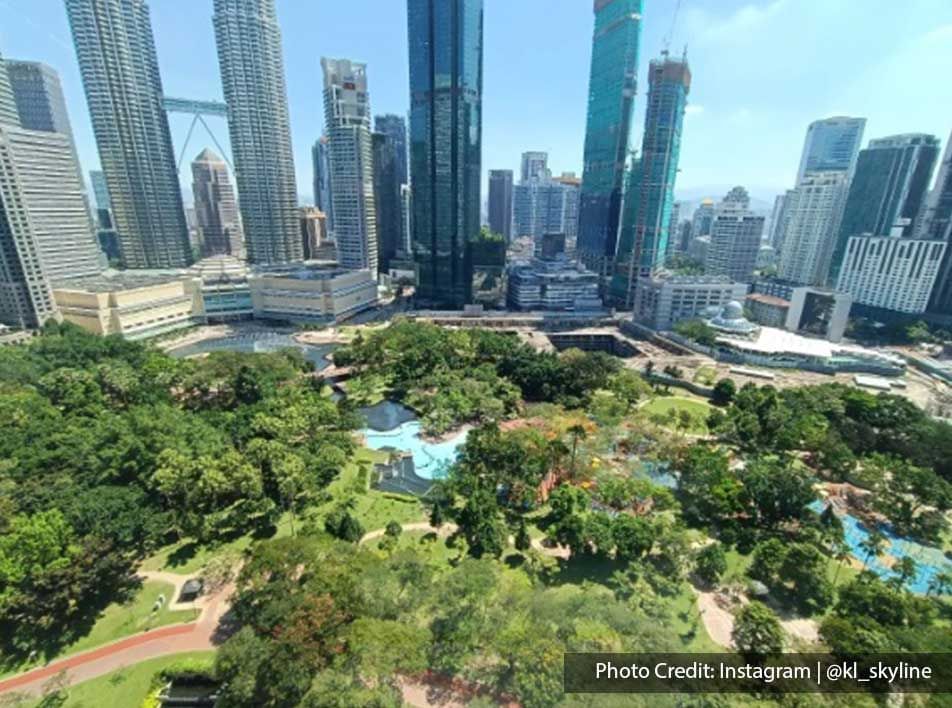 Aerial view of KLCC Park by Petronas Twin Towers, an eco-friendly attraction near Imperial Lexis Kuala Lumpur