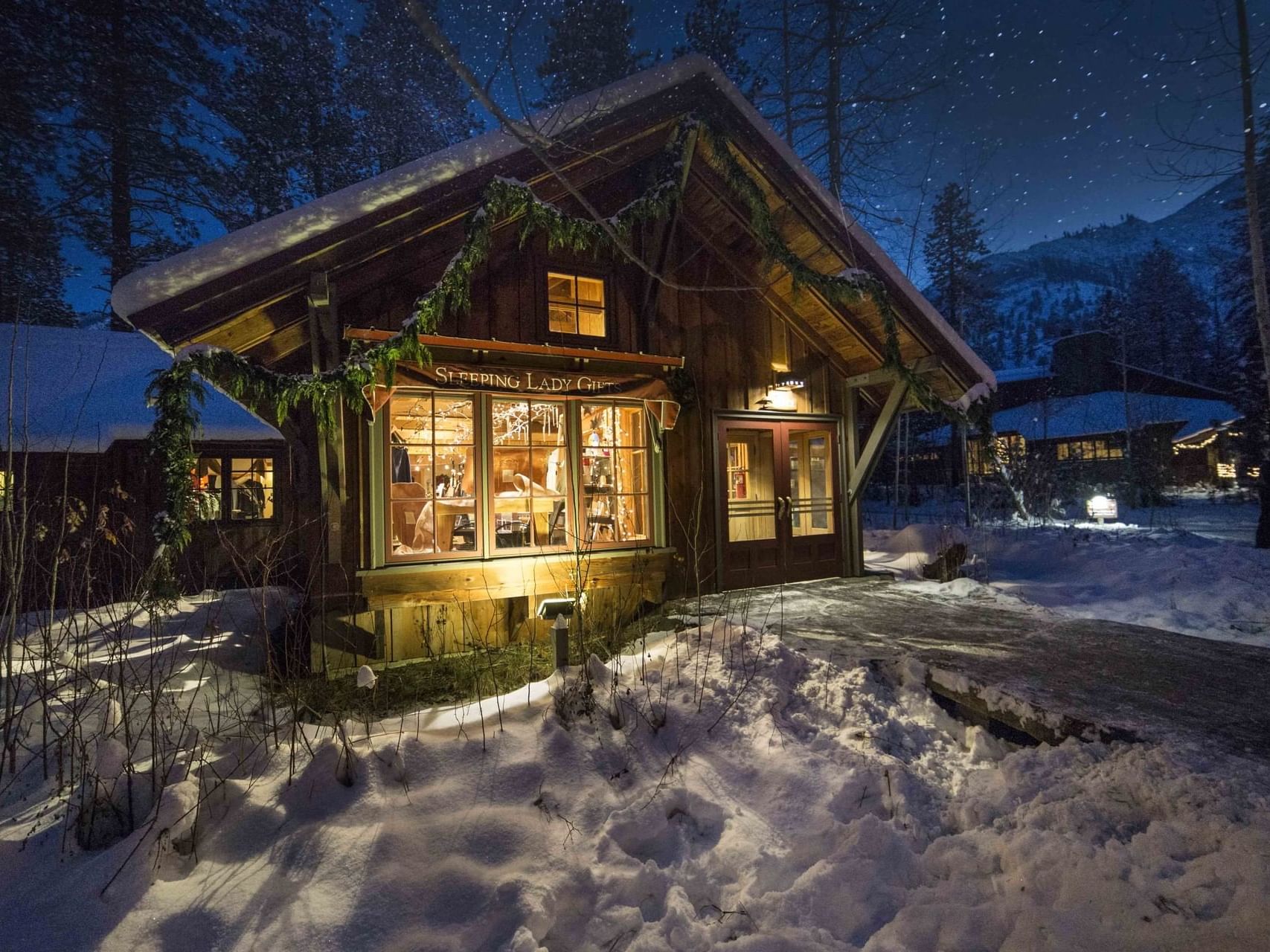 The exterior of the gift shop at Sleeping Lady in winter