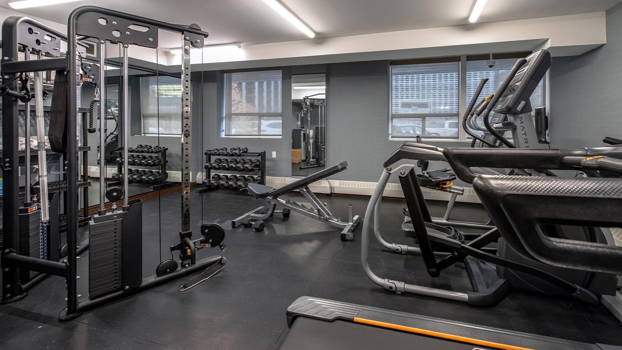 Hotel gym with treadmills, weight machines, and free weights.