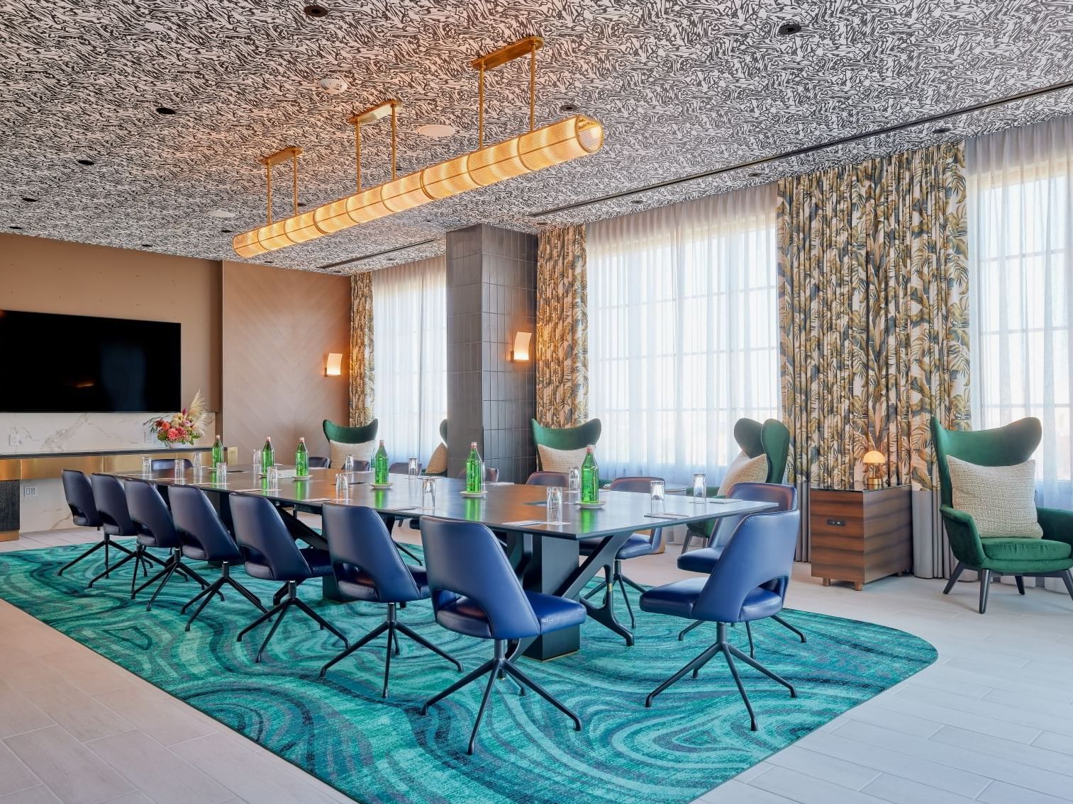 Boardroom setup with lavish interior & decor in Michigan Room at Godfrey Hotel Detroit