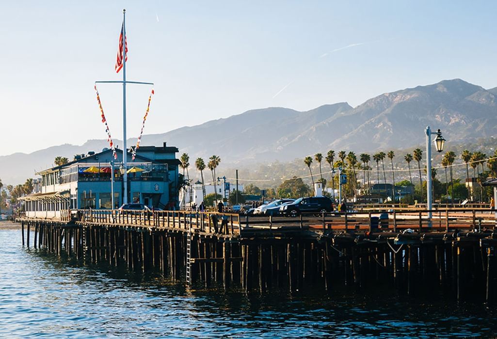 Waterfront view of Stearn's Wharf, in Santa Barbara, California.