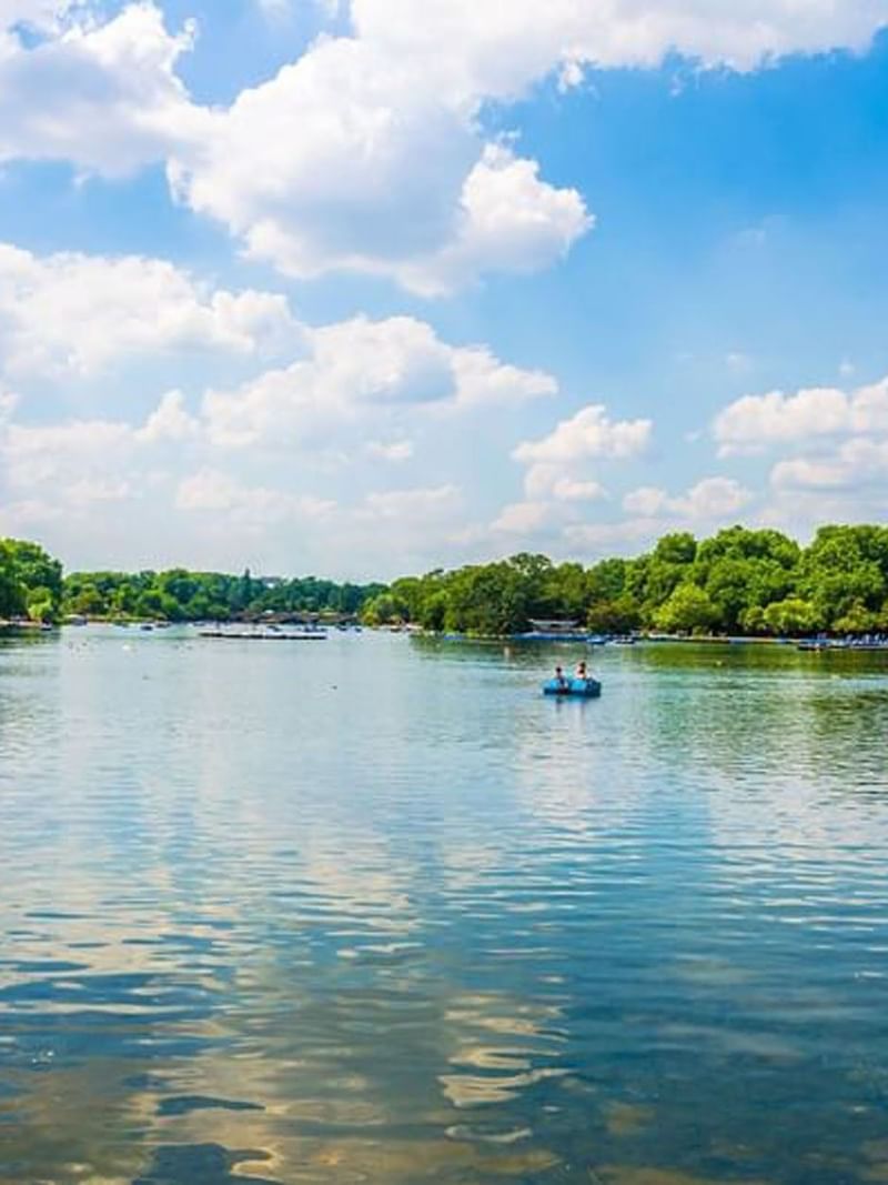 People in blue pedal boats floating on a calm lake near The Capital Hotel, Apartments and Townhouse