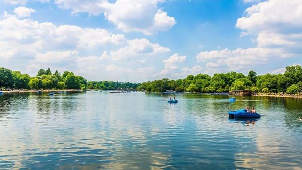 People in blue pedal boats floating on a calm lake near The Capital Hotel, Apartments and Townhouse