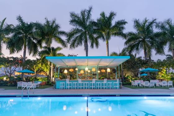 Magic hour image of the pool and the pool bar with the hanging l