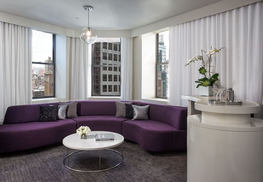 Living room of platinum suite at Dream Midtown hotel