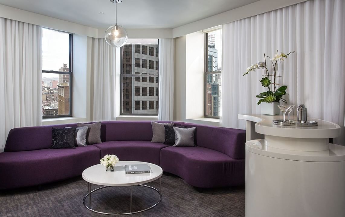 Living room of platinum suite at Dream Midtown hotel