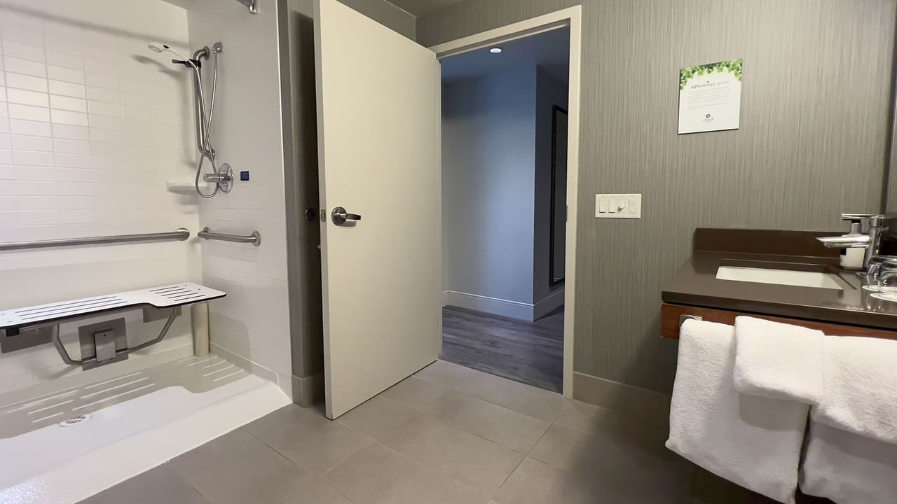 Accessible bathroom with sink, towels, and shower