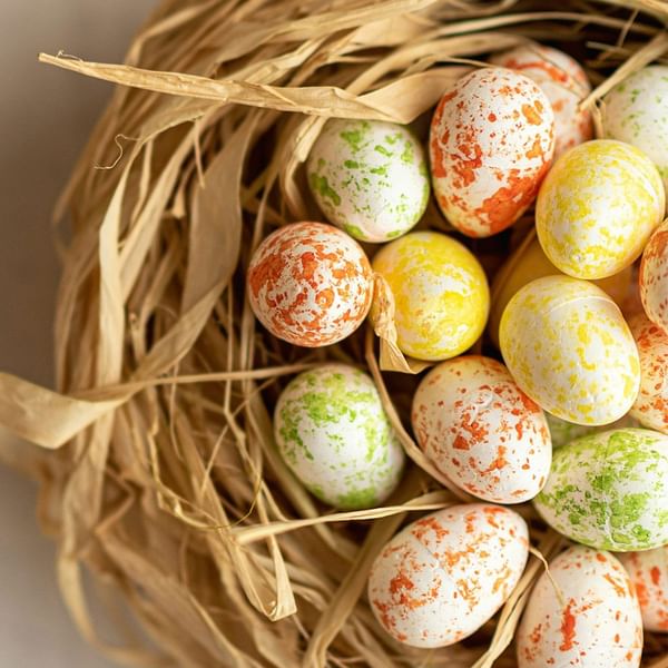 Close-up of colorful Easter eggs nestled in a decorative nest at Falkensteiner Hotels & Residences