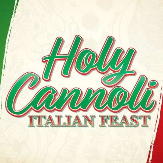 Holy Cannoli Italian Feast Logo against a light background with green and red brush strokes