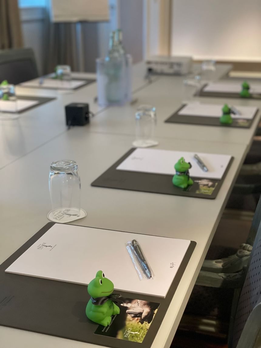 Close-up of blank notebooks with pens at Salon Merkur Metting Room at Hotel Palace Munich