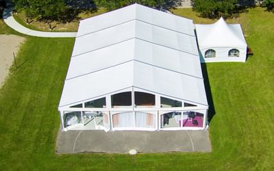 Aerial view of Spencer Meadows Pavilion surrounded by trees at Spencer Hotel, ideal outdoor wedding venues London Ontario