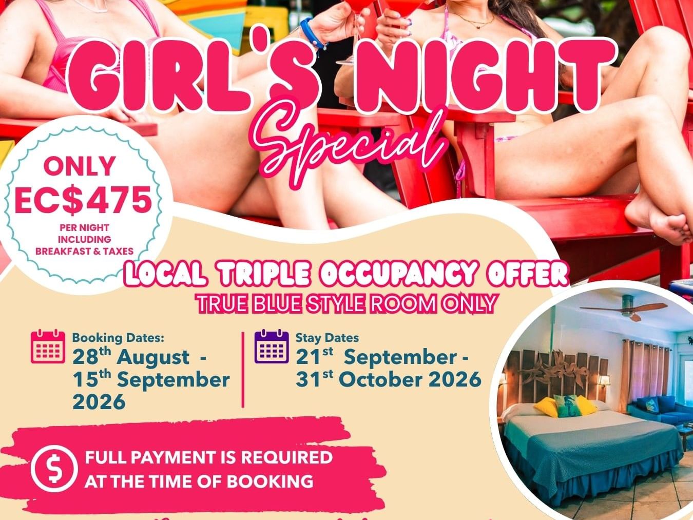 Two women relaxing poolside with tropical cocktails enjoying a Girls Night Out special offer promotion